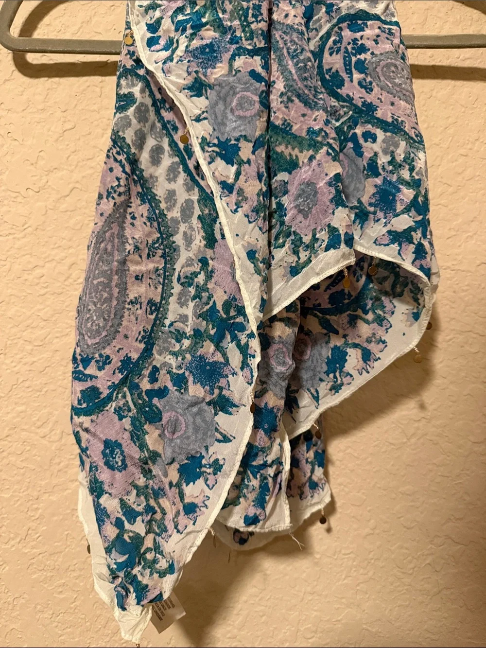 Lucky Brand Cream Paisley Border Scarf with Teal and Pink Accents